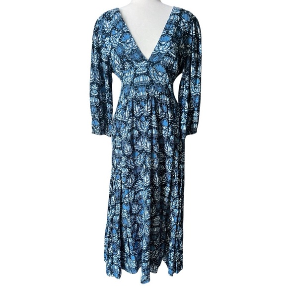 CAROLINE CONSTAS Blue Printed Size Medium Cotton Boho Midi Low V Neck Dress - Picture 1 of 12